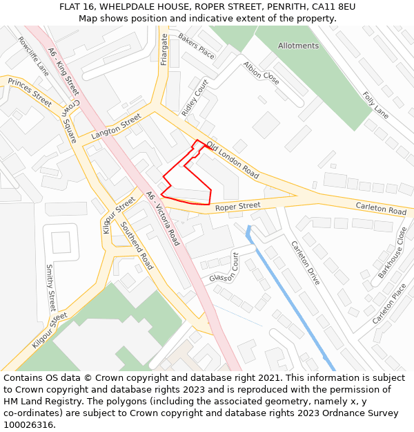 FLAT 16, WHELPDALE HOUSE, ROPER STREET, PENRITH, CA11 8EU: Location map and indicative extent of plot