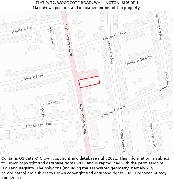 FLAT 2, 77, WOODCOTE ROAD, WALLINGTON, SM6 0PU: Location map and indicative extent of plot