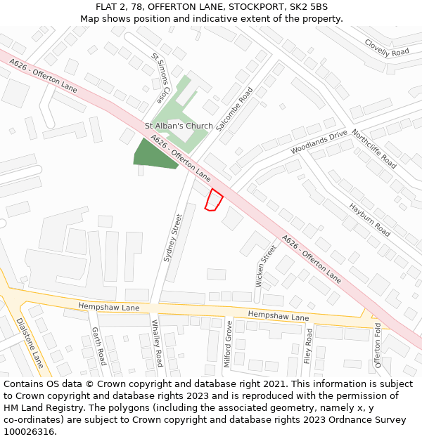 FLAT 2, 78, OFFERTON LANE, STOCKPORT, SK2 5BS: Location map and indicative extent of plot