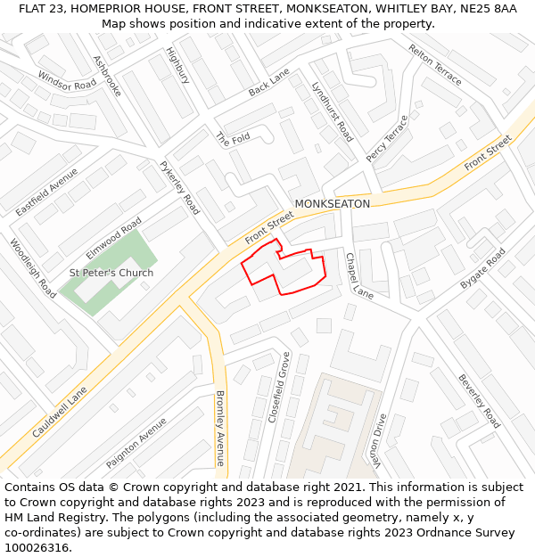 FLAT 23, HOMEPRIOR HOUSE, FRONT STREET, MONKSEATON, WHITLEY BAY, NE25 8AA: Location map and indicative extent of plot