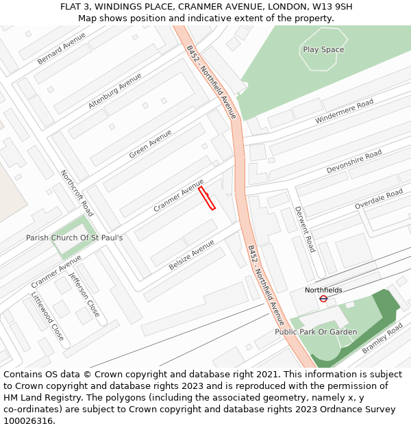 FLAT 3, WINDINGS PLACE, CRANMER AVENUE, LONDON, W13 9SH: Location map and indicative extent of plot