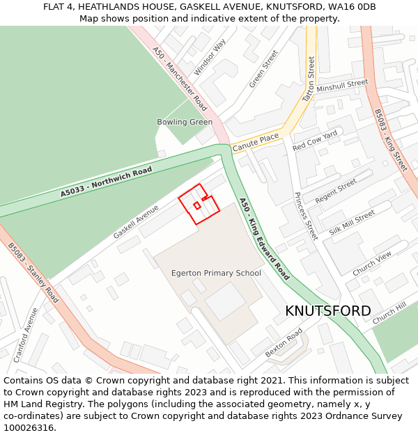 FLAT 4, HEATHLANDS HOUSE, GASKELL AVENUE, KNUTSFORD, WA16 0DB: Location map and indicative extent of plot