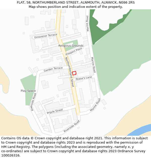 FLAT, 58, NORTHUMBERLAND STREET, ALNMOUTH, ALNWICK, NE66 2RS: Location map and indicative extent of plot