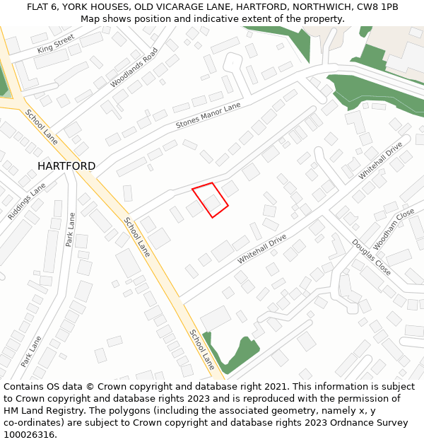 FLAT 6, YORK HOUSES, OLD VICARAGE LANE, HARTFORD, NORTHWICH, CW8 1PB: Location map and indicative extent of plot