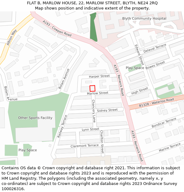 FLAT B, MARLOW HOUSE, 22, MARLOW STREET, BLYTH, NE24 2RQ: Location map and indicative extent of plot