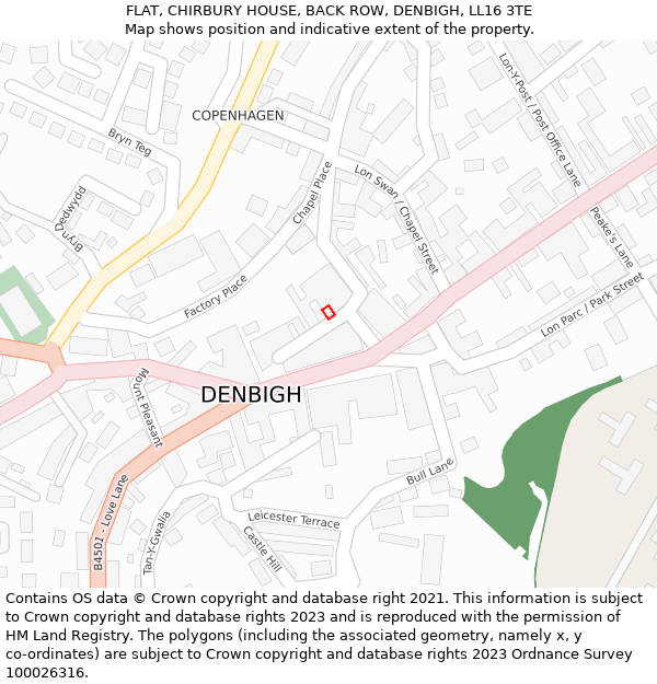 FLAT, CHIRBURY HOUSE, BACK ROW, DENBIGH, LL16 3TE: Location map and indicative extent of plot