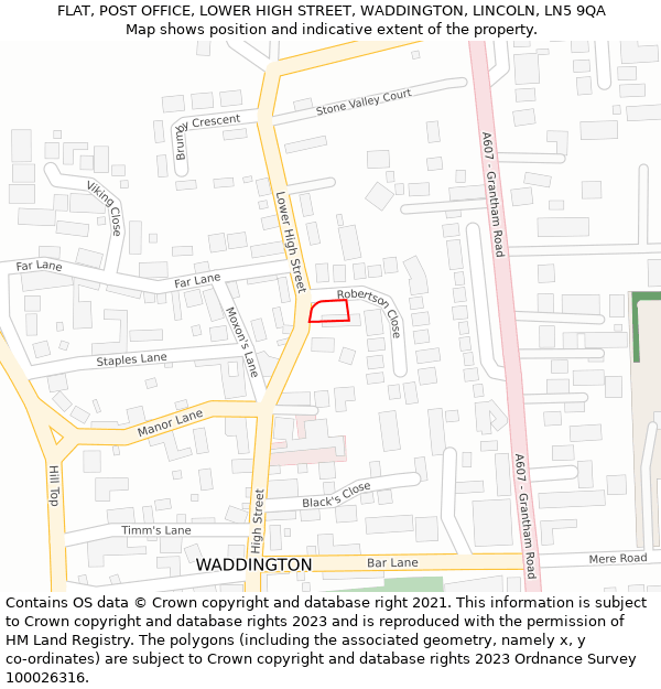 FLAT, POST OFFICE, LOWER HIGH STREET, WADDINGTON, LINCOLN, LN5 9QA: Location map and indicative extent of plot