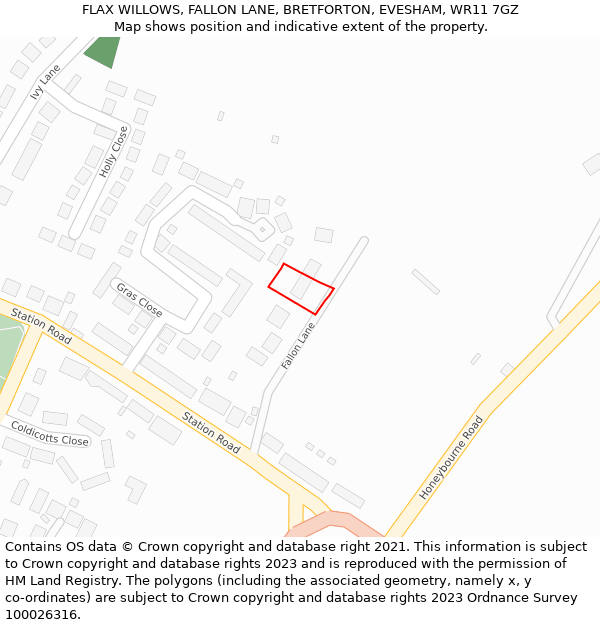 FLAX WILLOWS, FALLON LANE, BRETFORTON, EVESHAM, WR11 7GZ: Location map and indicative extent of plot