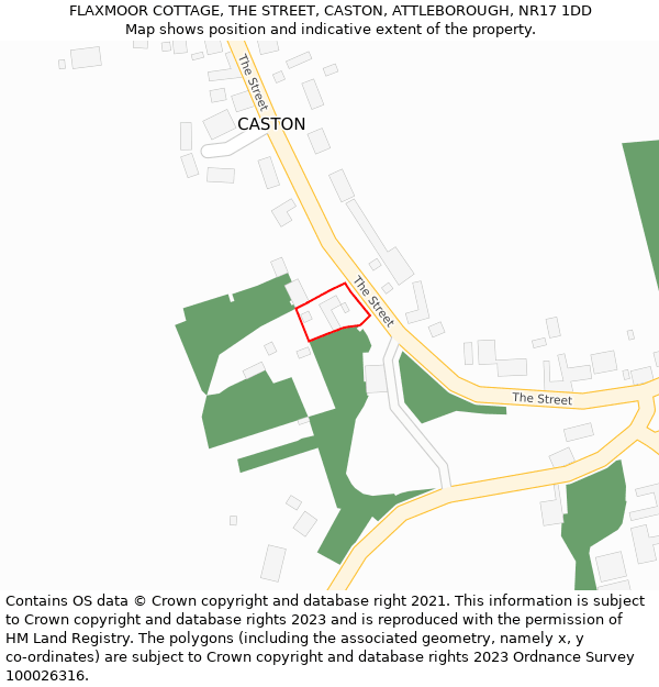 FLAXMOOR COTTAGE, THE STREET, CASTON, ATTLEBOROUGH, NR17 1DD: Location map and indicative extent of plot