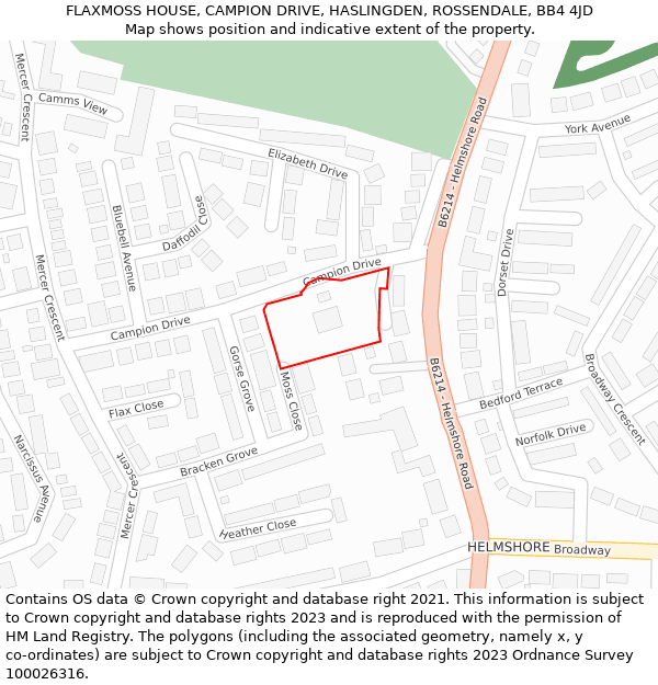 FLAXMOSS HOUSE, CAMPION DRIVE, HASLINGDEN, ROSSENDALE, BB4 4JD: Location map and indicative extent of plot