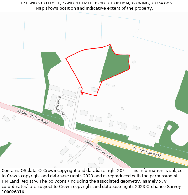 FLEXLANDS COTTAGE, SANDPIT HALL ROAD, CHOBHAM, WOKING, GU24 8AN: Location map and indicative extent of plot