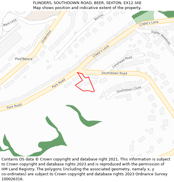 FLINDERS, SOUTHDOWN ROAD, BEER, SEATON, EX12 3AE: Location map and indicative extent of plot