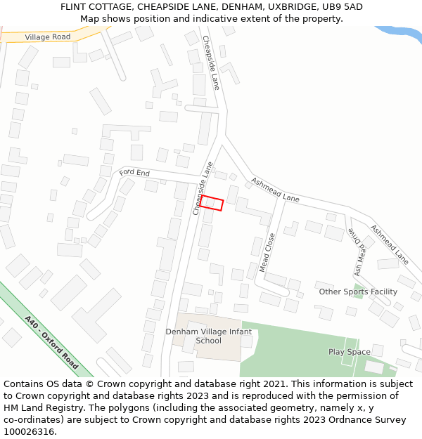FLINT COTTAGE, CHEAPSIDE LANE, DENHAM, UXBRIDGE, UB9 5AD: Location map and indicative extent of plot