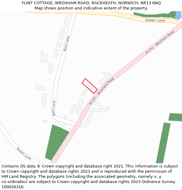 FLINT COTTAGE, WROXHAM ROAD, RACKHEATH, NORWICH, NR13 6NQ: Location map and indicative extent of plot