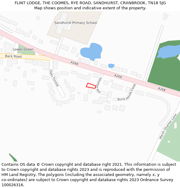 FLINT LODGE, THE COOMES, RYE ROAD, SANDHURST, CRANBROOK, TN18 5JG: Location map and indicative extent of plot