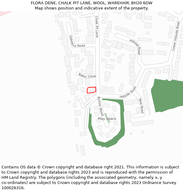 FLORA DENE, CHALK PIT LANE, WOOL, WAREHAM, BH20 6DW: Location map and indicative extent of plot