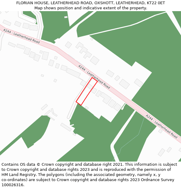 FLORIAN HOUSE, LEATHERHEAD ROAD, OXSHOTT, LEATHERHEAD, KT22 0ET: Location map and indicative extent of plot