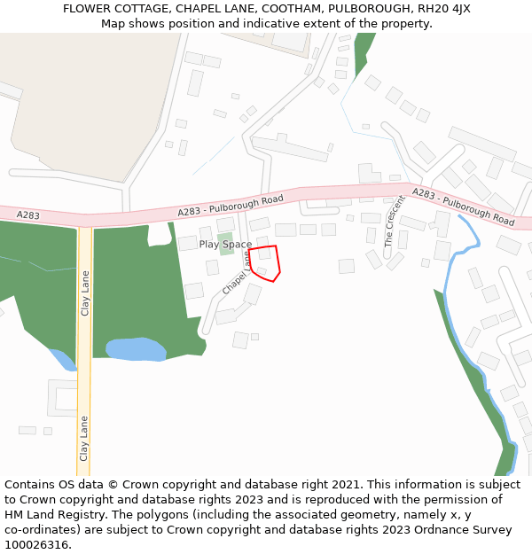 FLOWER COTTAGE, CHAPEL LANE, COOTHAM, PULBOROUGH, RH20 4JX: Location map and indicative extent of plot