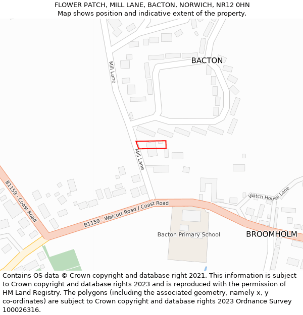FLOWER PATCH, MILL LANE, BACTON, NORWICH, NR12 0HN: Location map and indicative extent of plot