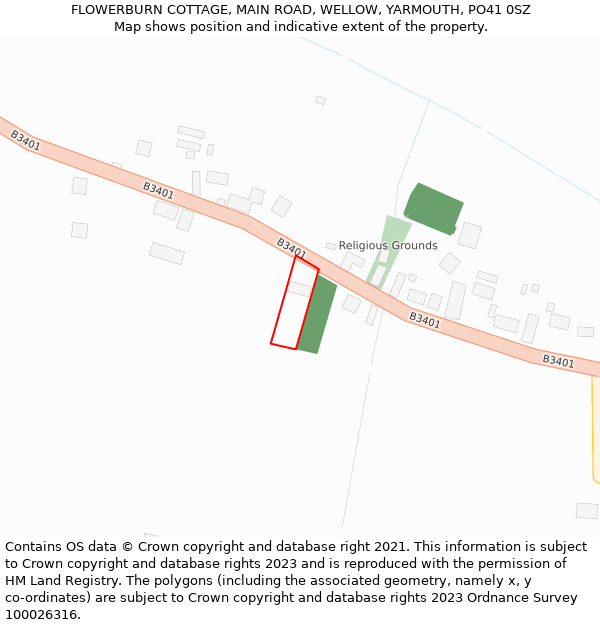 FLOWERBURN COTTAGE, MAIN ROAD, WELLOW, YARMOUTH, PO41 0SZ: Location map and indicative extent of plot