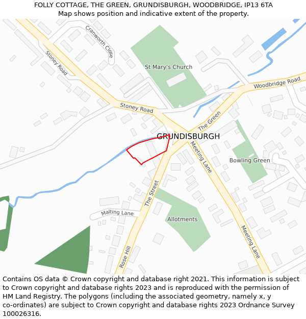 FOLLY COTTAGE, THE GREEN, GRUNDISBURGH, WOODBRIDGE, IP13 6TA: Location map and indicative extent of plot