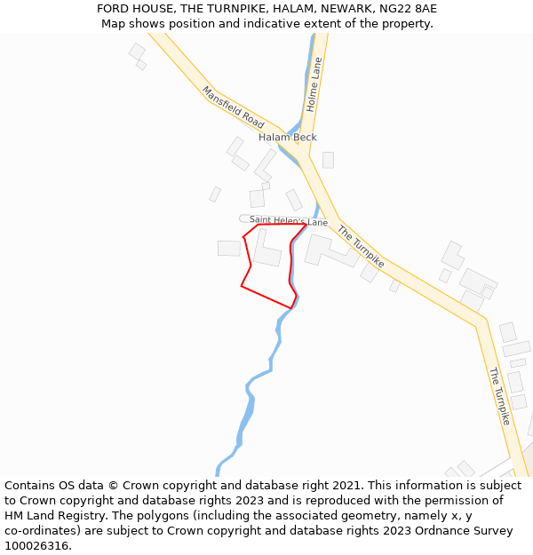 FORD HOUSE, THE TURNPIKE, HALAM, NEWARK, NG22 8AE: Location map and indicative extent of plot