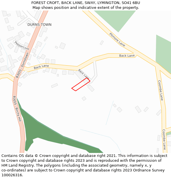 FOREST CROFT, BACK LANE, SWAY, LYMINGTON, SO41 6BU: Location map and indicative extent of plot