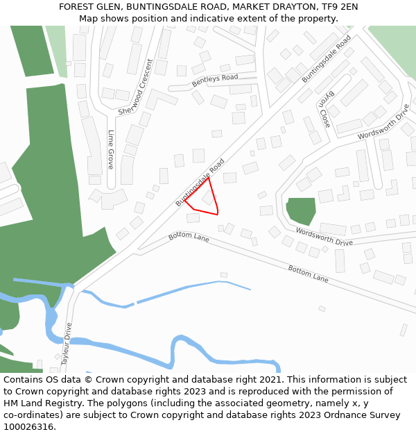 FOREST GLEN, BUNTINGSDALE ROAD, MARKET DRAYTON, TF9 2EN: Location map and indicative extent of plot