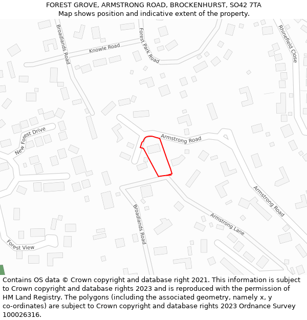 FOREST GROVE, ARMSTRONG ROAD, BROCKENHURST, SO42 7TA: Location map and indicative extent of plot