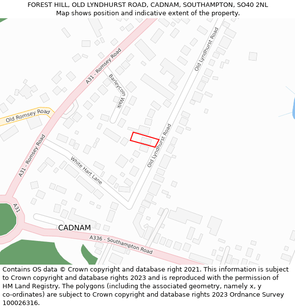 FOREST HILL, OLD LYNDHURST ROAD, CADNAM, SOUTHAMPTON, SO40 2NL: Location map and indicative extent of plot