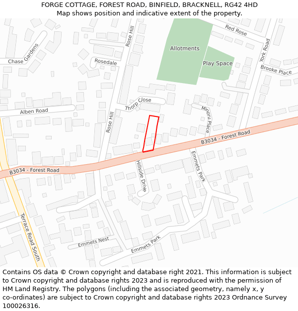 FORGE COTTAGE, FOREST ROAD, BINFIELD, BRACKNELL, RG42 4HD: Location map and indicative extent of plot