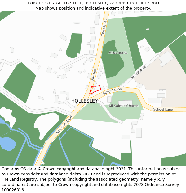 FORGE COTTAGE, FOX HILL, HOLLESLEY, WOODBRIDGE, IP12 3RD: Location map and indicative extent of plot