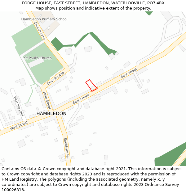 FORGE HOUSE, EAST STREET, HAMBLEDON, WATERLOOVILLE, PO7 4RX: Location map and indicative extent of plot