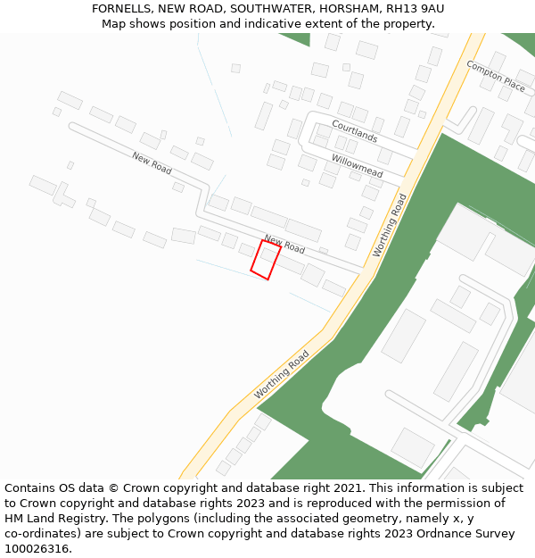 FORNELLS, NEW ROAD, SOUTHWATER, HORSHAM, RH13 9AU: Location map and indicative extent of plot