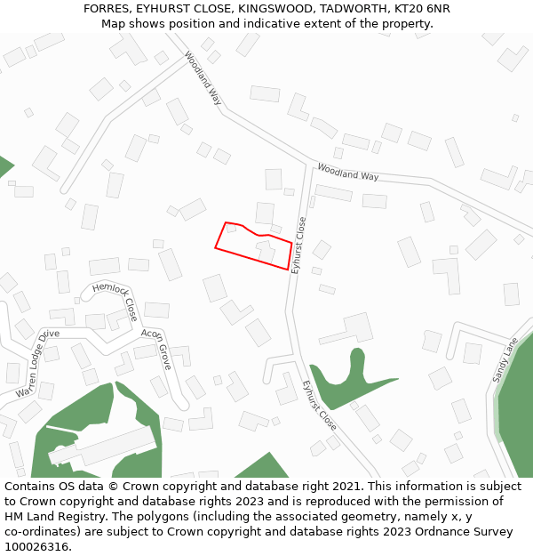 FORRES, EYHURST CLOSE, KINGSWOOD, TADWORTH, KT20 6NR: Location map and indicative extent of plot