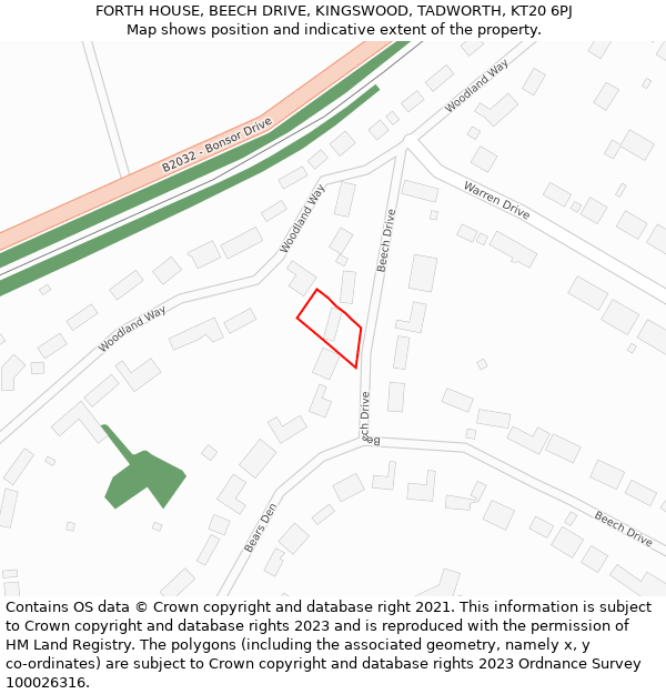 FORTH HOUSE, BEECH DRIVE, KINGSWOOD, TADWORTH, KT20 6PJ: Location map and indicative extent of plot