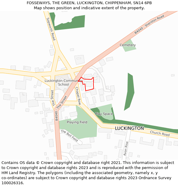 FOSSEWAYS, THE GREEN, LUCKINGTON, CHIPPENHAM, SN14 6PB: Location map and indicative extent of plot