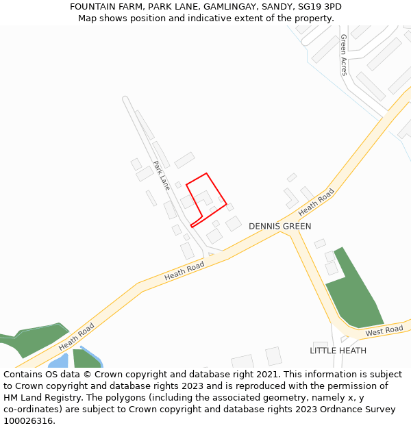 FOUNTAIN FARM, PARK LANE, GAMLINGAY, SANDY, SG19 3PD: Location map and indicative extent of plot