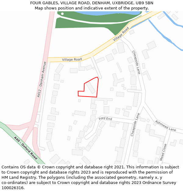 FOUR GABLES, VILLAGE ROAD, DENHAM, UXBRIDGE, UB9 5BN: Location map and indicative extent of plot