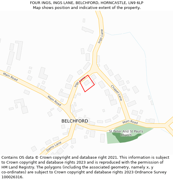 FOUR INGS, INGS LANE, BELCHFORD, HORNCASTLE, LN9 6LP: Location map and indicative extent of plot