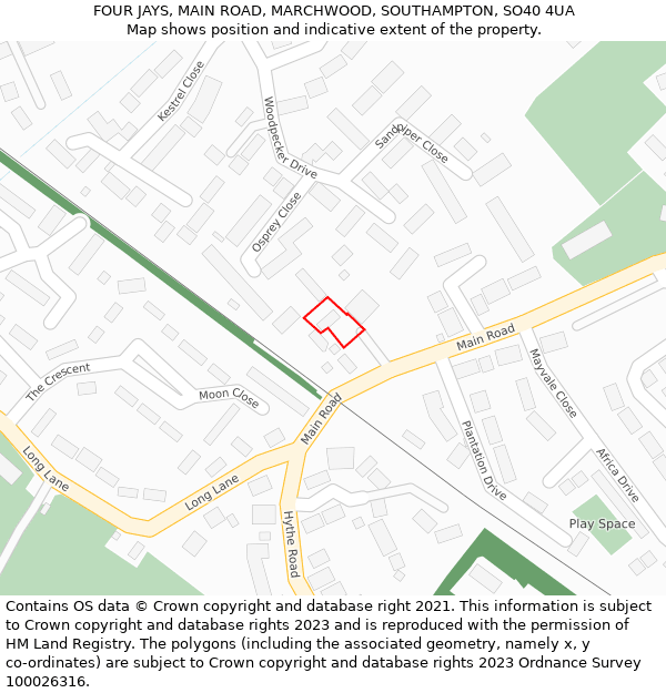 FOUR JAYS, MAIN ROAD, MARCHWOOD, SOUTHAMPTON, SO40 4UA: Location map and indicative extent of plot