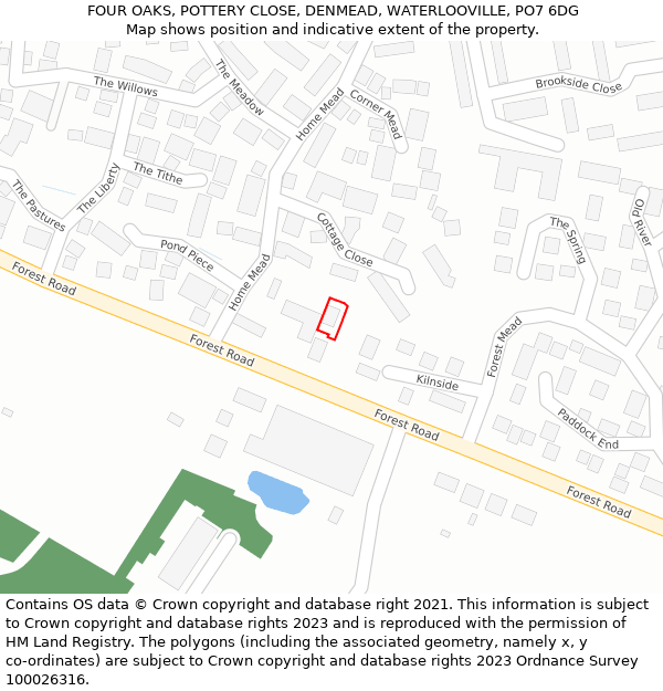 FOUR OAKS, POTTERY CLOSE, DENMEAD, WATERLOOVILLE, PO7 6DG: Location map and indicative extent of plot