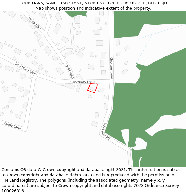 FOUR OAKS, SANCTUARY LANE, STORRINGTON, PULBOROUGH, RH20 3JD: Location map and indicative extent of plot