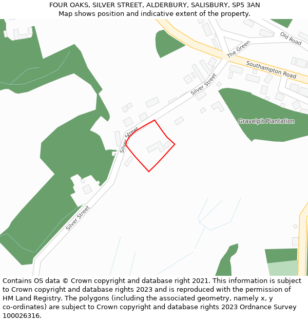 FOUR OAKS, SILVER STREET, ALDERBURY, SALISBURY, SP5 3AN: Location map and indicative extent of plot