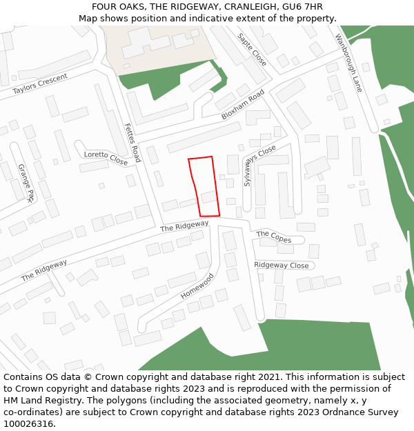 FOUR OAKS, THE RIDGEWAY, CRANLEIGH, GU6 7HR: Location map and indicative extent of plot