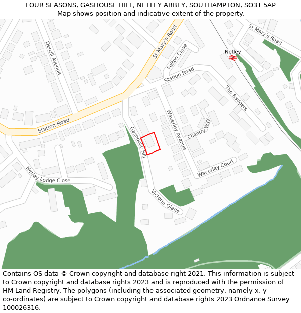 FOUR SEASONS, GASHOUSE HILL, NETLEY ABBEY, SOUTHAMPTON, SO31 5AP: Location map and indicative extent of plot