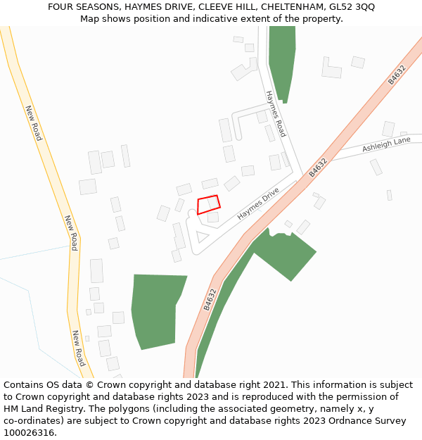 FOUR SEASONS, HAYMES DRIVE, CLEEVE HILL, CHELTENHAM, GL52 3QQ: Location map and indicative extent of plot