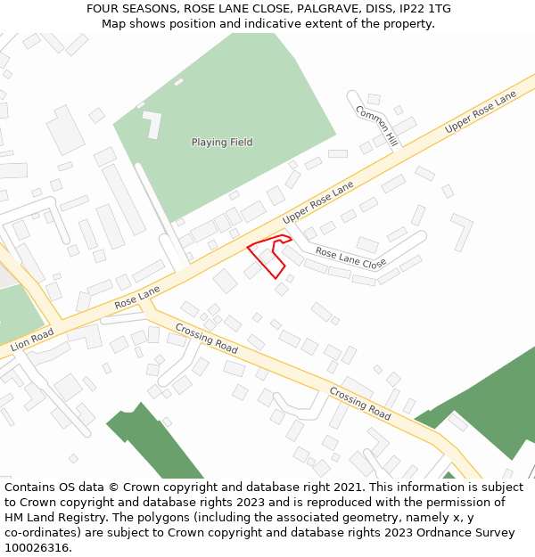FOUR SEASONS, ROSE LANE CLOSE, PALGRAVE, DISS, IP22 1TG: Location map and indicative extent of plot
