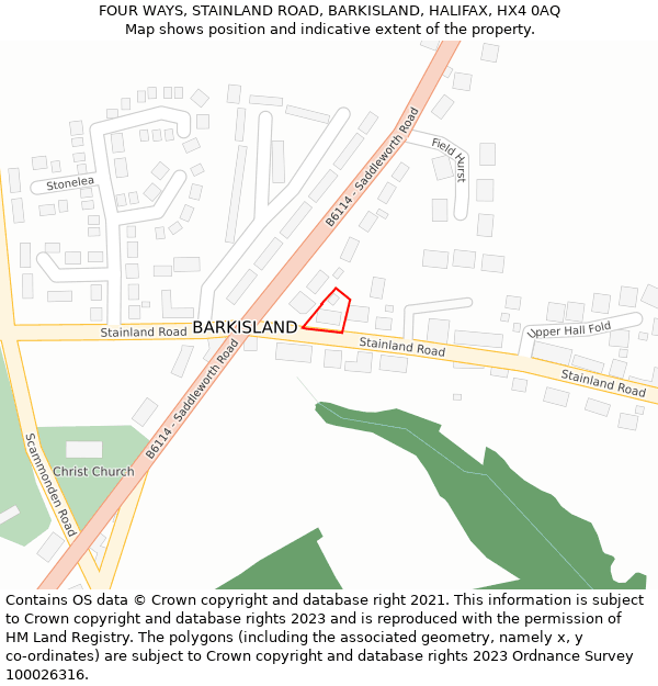 FOUR WAYS, STAINLAND ROAD, BARKISLAND, HALIFAX, HX4 0AQ: Location map and indicative extent of plot