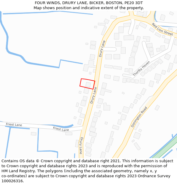 FOUR WINDS, DRURY LANE, BICKER, BOSTON, PE20 3DT: Location map and indicative extent of plot